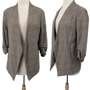 Joie Glen Plaid Open Front Blazer Ruched 3/4 Sleeve Metallic Black White Large